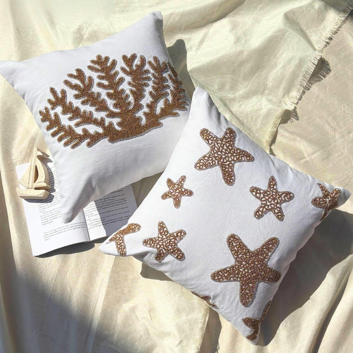 Ivory Cotton Linen Throw Pillow Cover - Gold Coral Hunt