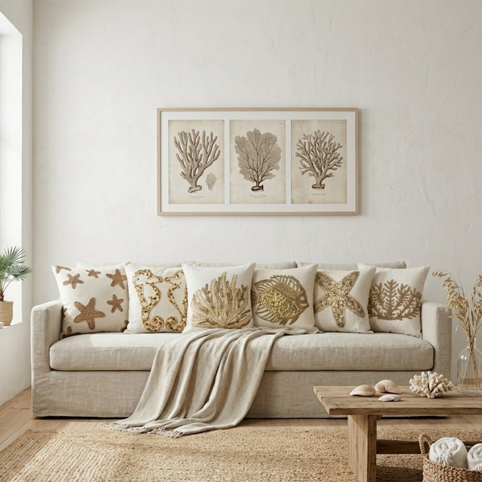 Ivory Cotton Linen Throw Pillow Cover - Gold Coral Hunt