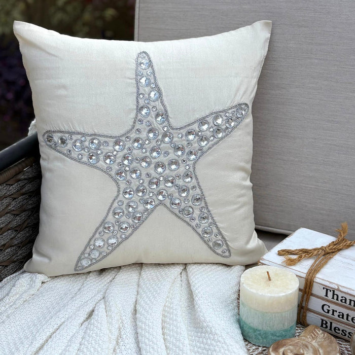 Ivory Cotton Linen Throw Pillow Cover - Starfish Crystals