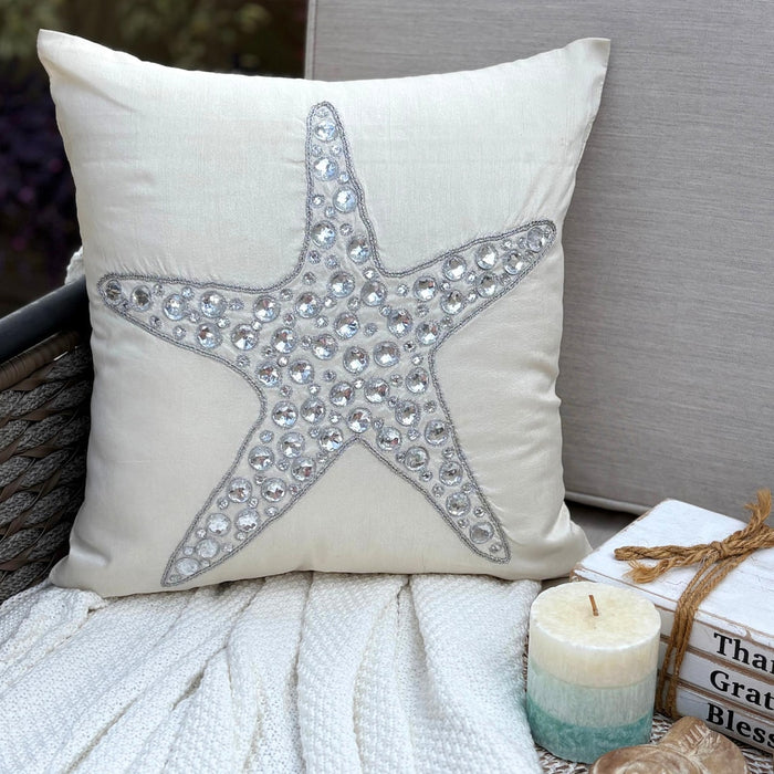Ivory Cotton Linen Throw Pillow Cover - Starfish Crystals