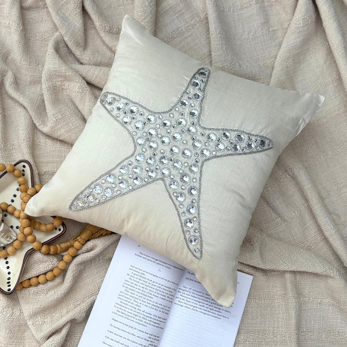 Ivory Cotton Linen Throw Pillow Cover - Starfish Crystals