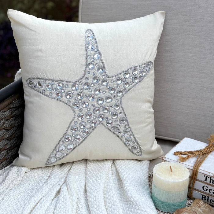 Ivory Cotton Linen Throw Pillow Cover - Starfish Crystals