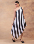 Model wearing the 'IVORY NOIR' FLOW DRESS featuring sophisticated patterns and luxurious fabric details in Singapore.