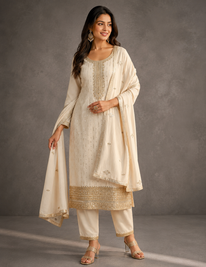 "An ivory embellished silk blend straight suit set featuring intricate detailing and a graceful dupatta, showcased against a simple grey background in an elegant side-profile pose."