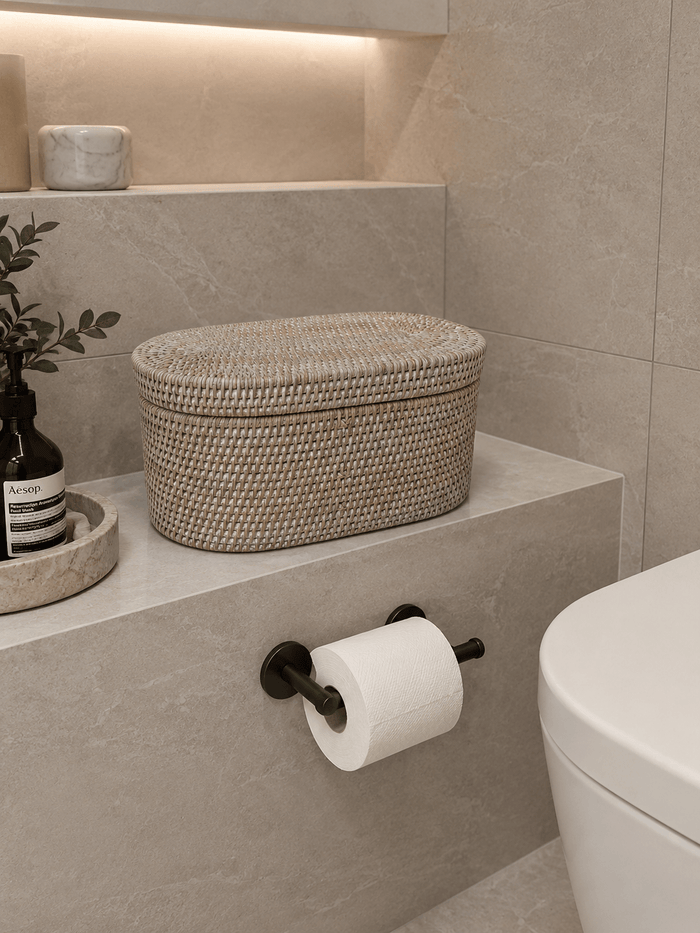 Bathroom setting with a Jarra rattan basket, toilet paper roll, and plant on a shelf.