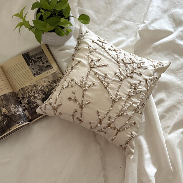 Jute Willow - Ivory Art Silk Throw Pillow Cover