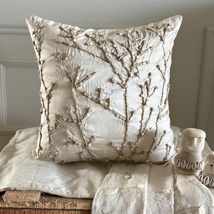 Jute Willow - Ivory Art Silk Throw Pillow Cover