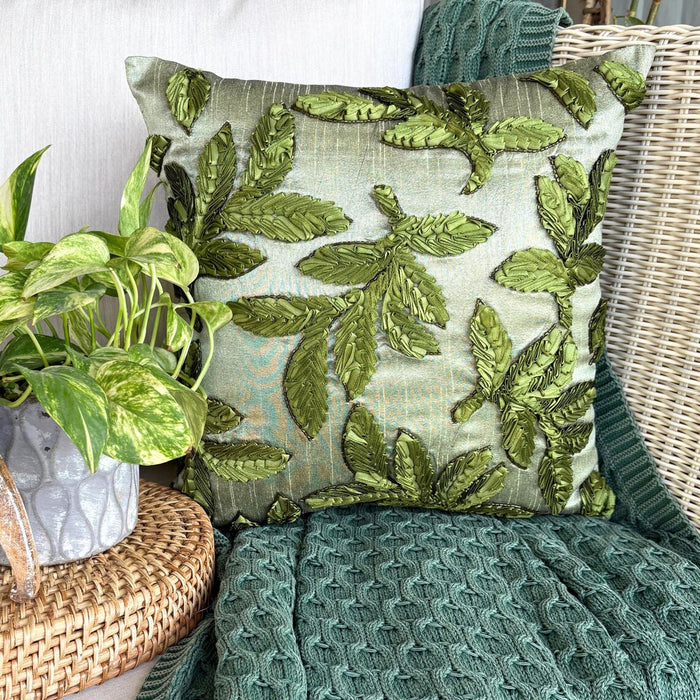 Leafy Days - Green Art Silk Throw Pillow Cover