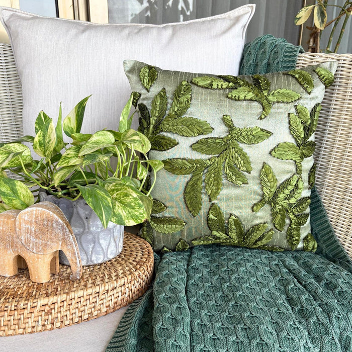 Leafy Days - Green Art Silk Throw Pillow Cover