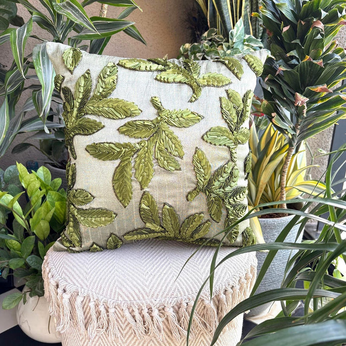 Leafy Days - Green Art Silk Throw Pillow Cover