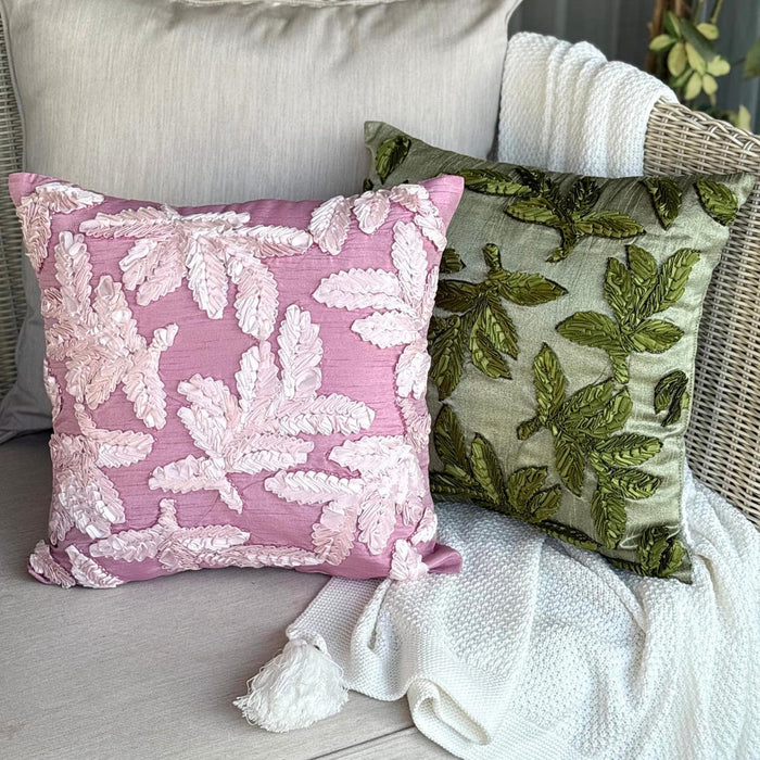 Leafy Days - Green Art Silk Throw Pillow Cover