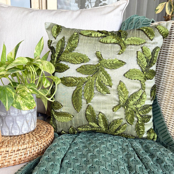 Leafy Days - Green Art Silk Throw Pillow Cover