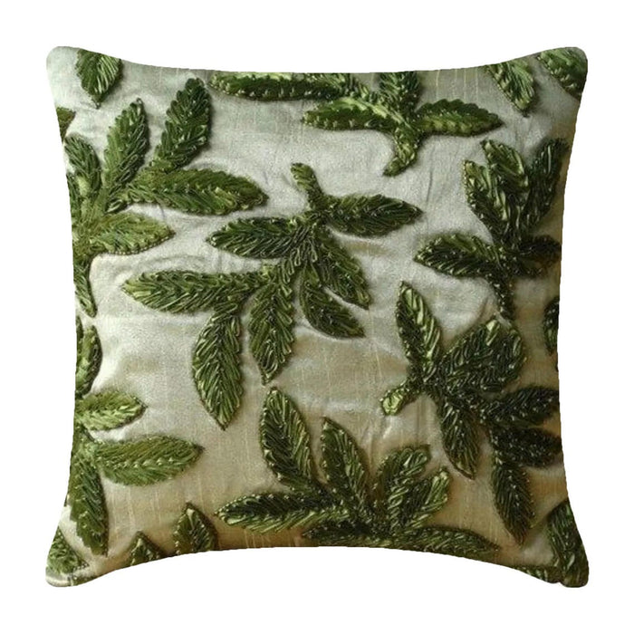 Leafy Days - Green Art Silk Throw Pillow Cover
