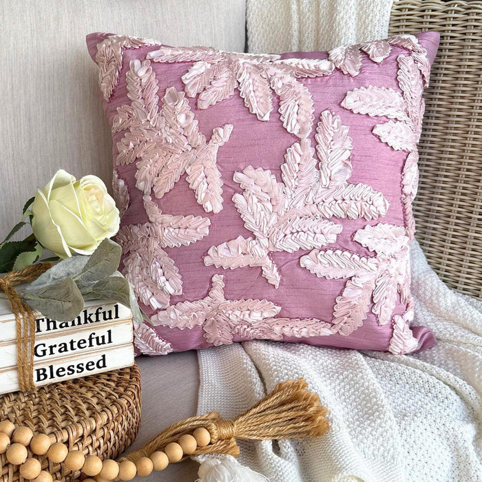 Leafy Pink - Pink Art Silk Throw Pillow Cover