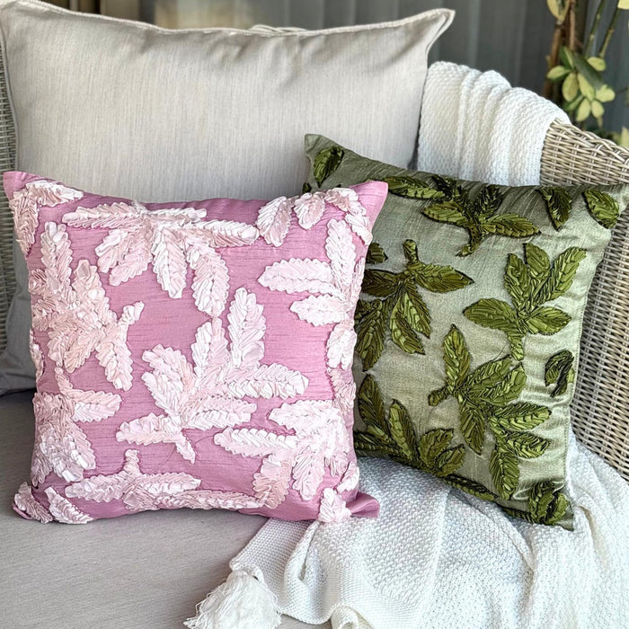 Leafy Pink - Pink Art Silk Throw Pillow Cover