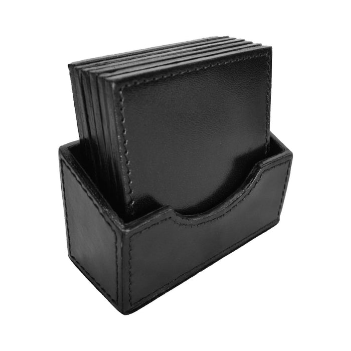 Leather 6 Piece Square Coaster Set with Holder | Black - Suzie Anderson Home