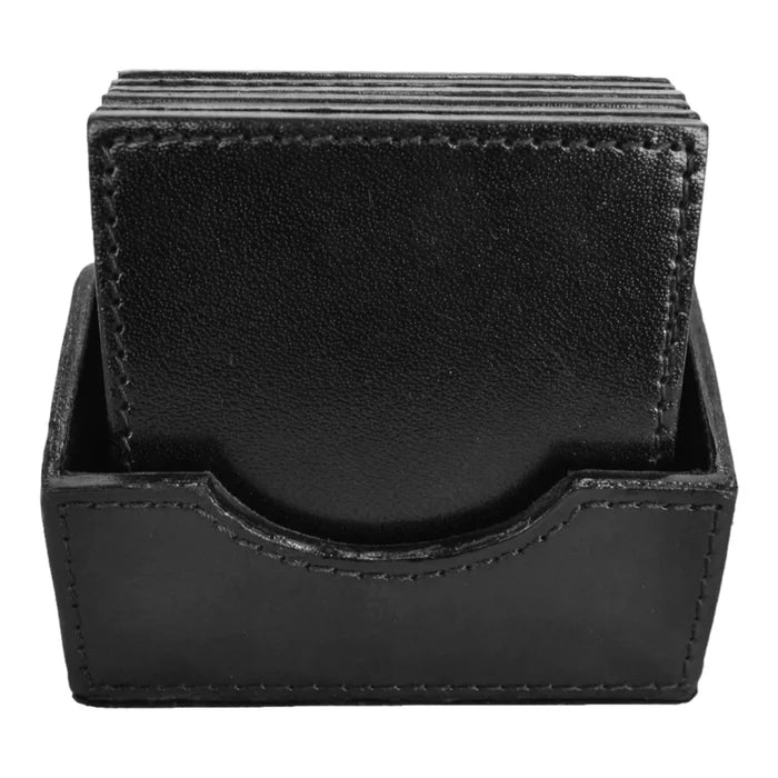 Leather 6 Piece Square Coaster Set with Holder | Black - Suzie Anderson Home