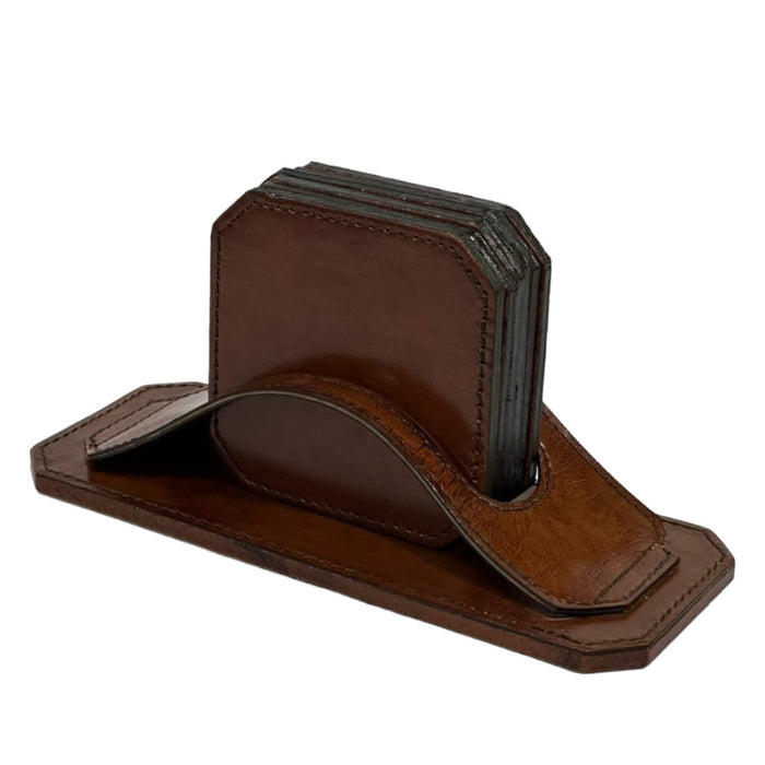 Leather Round Coaster Set Tan