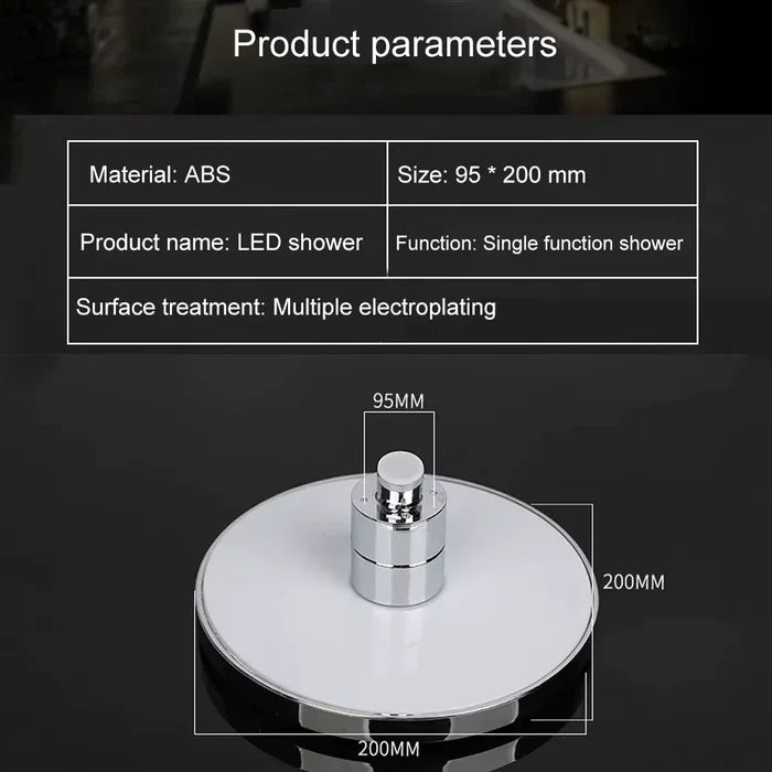 LED Shower Head made of durable ABS material with a sleek chrome finish, measuring approximately 95 by 200 millimeters, designed for a single function shower experience.