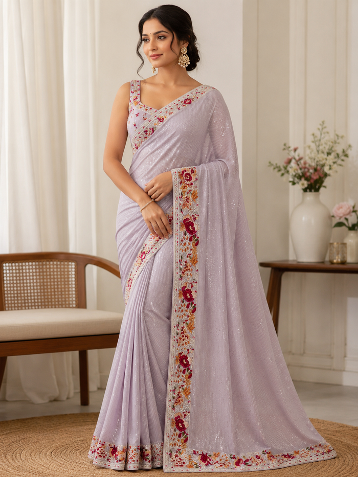 Lilac Georgette Sequin Saree