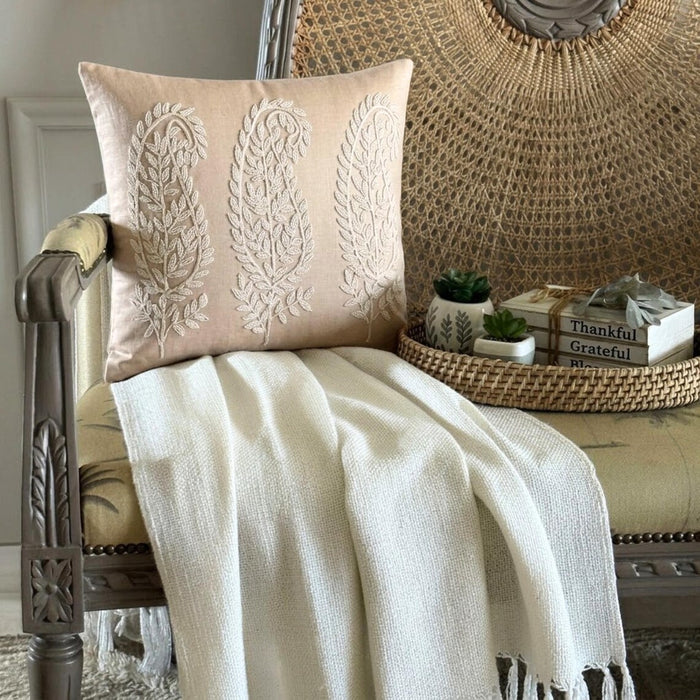 Linen Paisleys - Beige Cotton Linen Throw Pillow Cover
