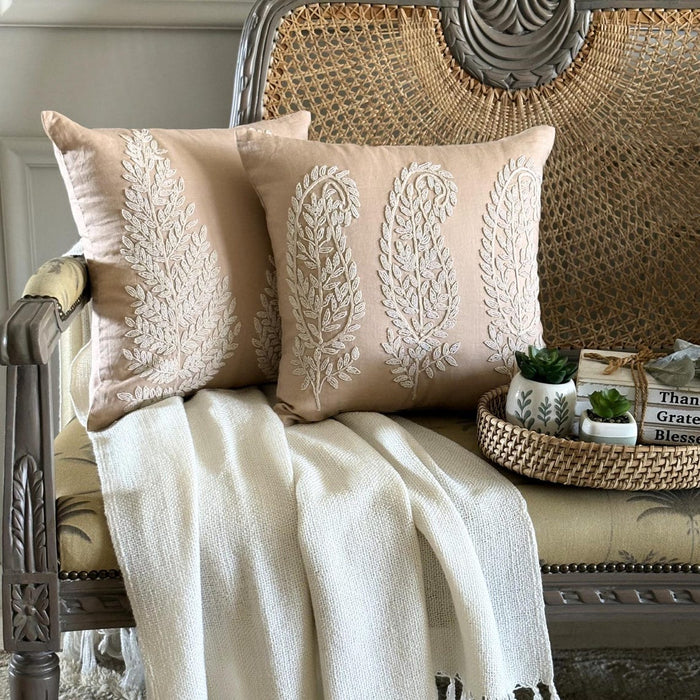 Linen Paisleys - Beige Cotton Linen Throw Pillow Cover