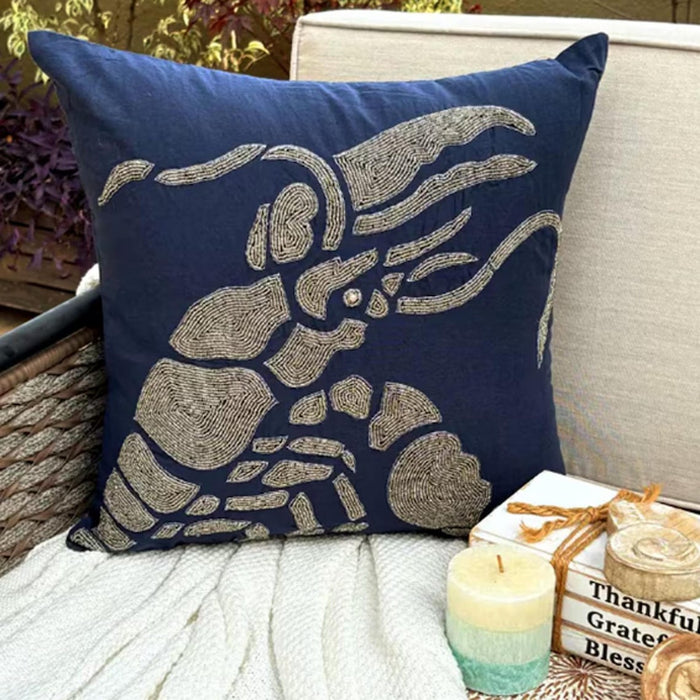 Lobster At The Shore - Navy Blue Cotton Linen Decorative Euro Sham