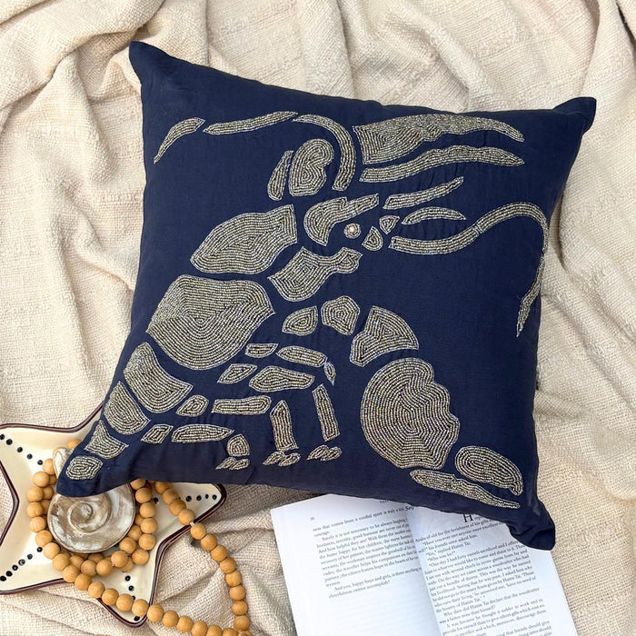 Lobster At The Shore - Navy Blue Cotton Linen Decorative Euro Sham