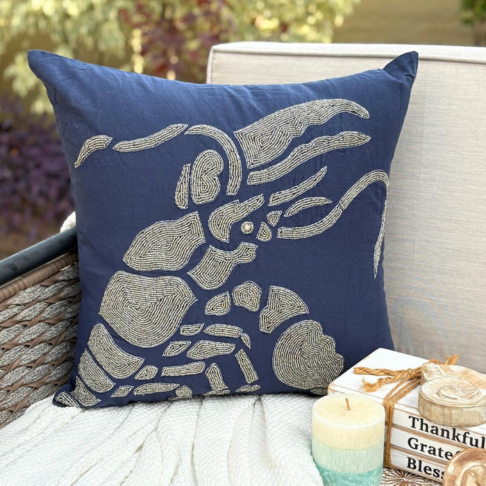 Lobster At The Shore - Navy Blue Cotton Linen Decorative Euro Sham
