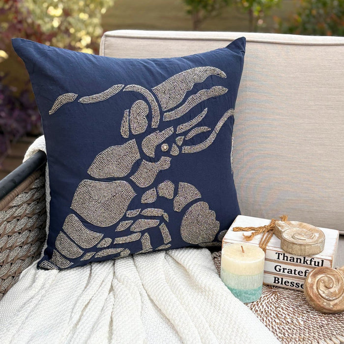 Lobster At The Shore - Navy Blue Cotton Linen Decorative Euro Sham