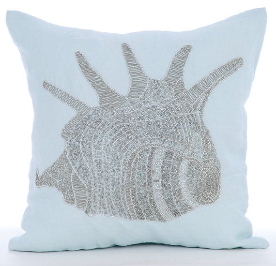 Lone Shell - Light Blue Cotton Linen Decorative Euro Sham