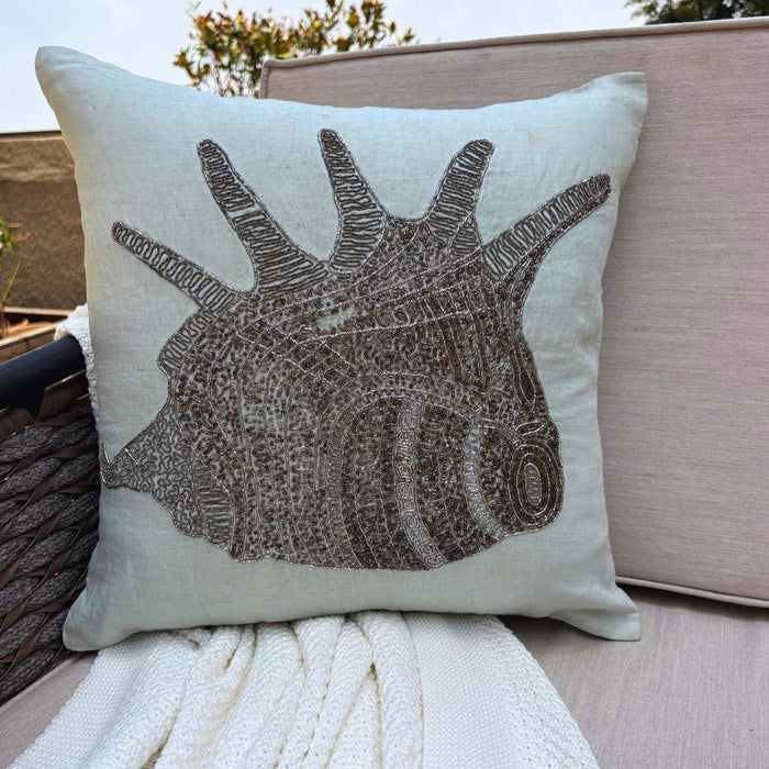 Lone Shell - Light Blue Cotton Linen Decorative Euro Sham