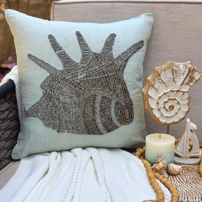 Lone Shell - Light Blue Cotton Linen Decorative Euro Sham