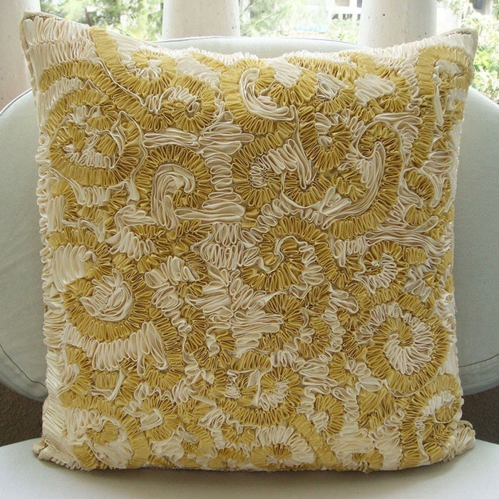Magnificent Awe - Gold & Ivory Art Silk Throw Pillow Cover