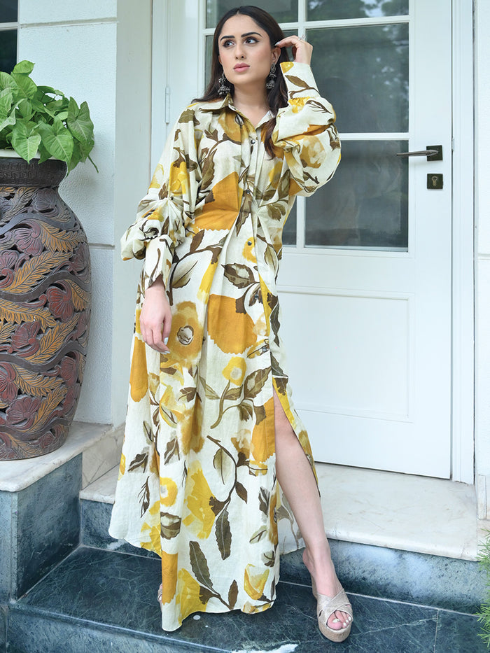 Mango Long Asymmetrical Yellow Drape Dress