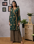 Green Mehr Embroidered High-Low Angarkha Top and Flared Pants in Crepe with intricate embroidery and elegant flared silhouette for festive and occasion wear.