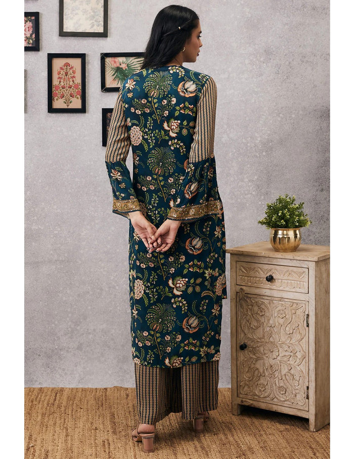 Green Mehr Embroidered High-Low Angarkha Top and Flared Pants in Crepe with intricate embroidery and elegant flared silhouette for festive and occasion wear.