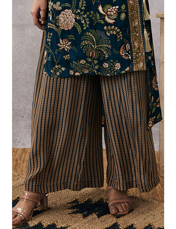 Green Mehr Embroidered High-Low Angarkha Top and Flared Pants in Crepe with intricate embroidery and elegant flared silhouette for festive and occasion wear.