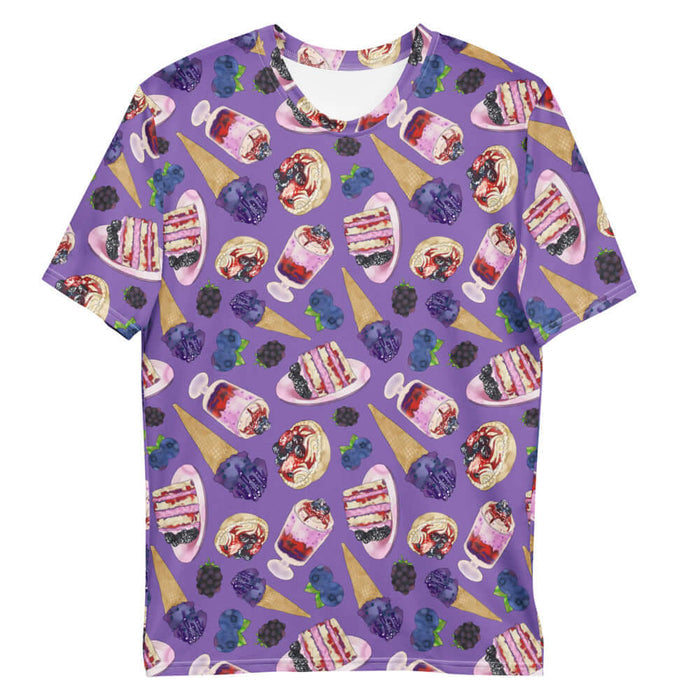 Berry kawaii men's t-shirt in violet with plump blackberries and leaf-tucked blueberries