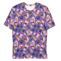 Berry kawaii men's t-shirt in violet with plump blackberries and leaf-tucked blueberries