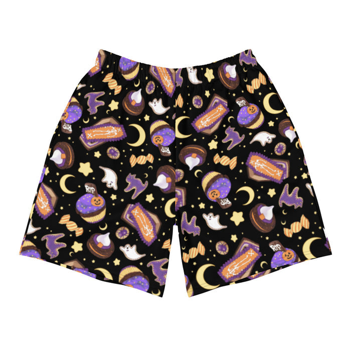 Halloween Treat alternative men's athletic shorts in black with RIP cookies and black cats