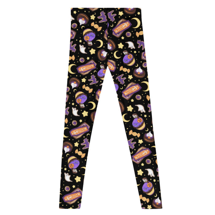 Halloween Treat alternative men's leggings in black with pumpkin cupcakes and ghost cookies