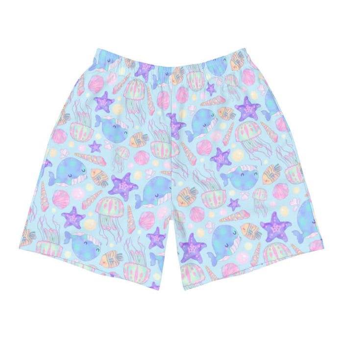 Under the Sea kawaii men's athletic shorts in blue with purple starfish and wispy pink coral