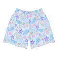 Under the Sea kawaii men's athletic shorts in blue with purple starfish and wispy pink coral