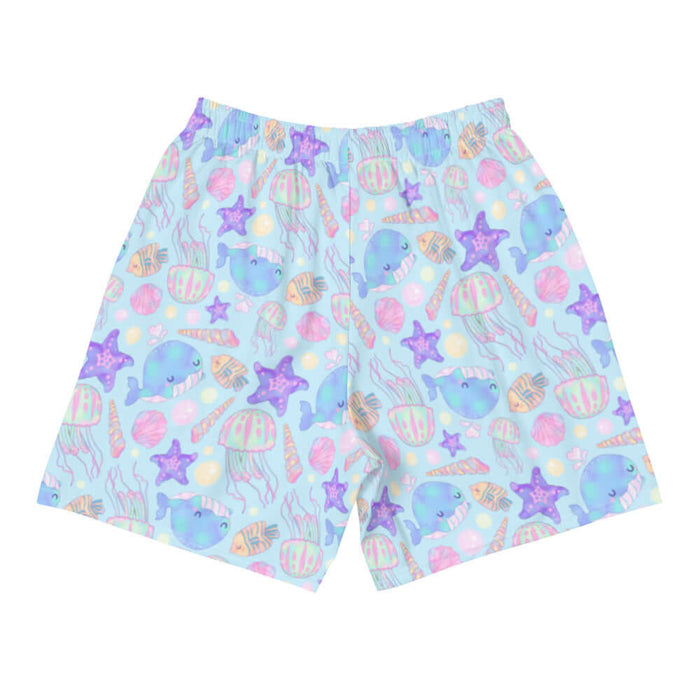 Under the Sea kawaii men's athletic shorts in blue with coral seashells and peach-striped tropical fish