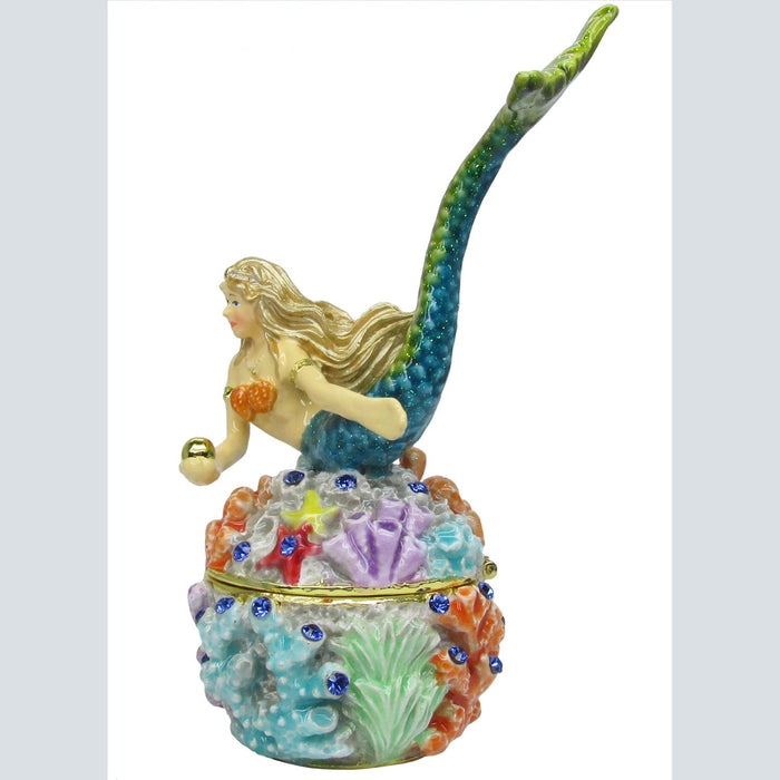 Mermaid Coral Jeweled Trinket Box Austrian Crystals