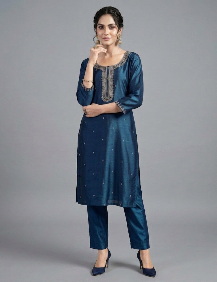 A woman modeling a dark blue satin kurta set with matching pants, featuring silver embroidery around the neckline and small silver dot embellishments, set against a solid gray studio background.