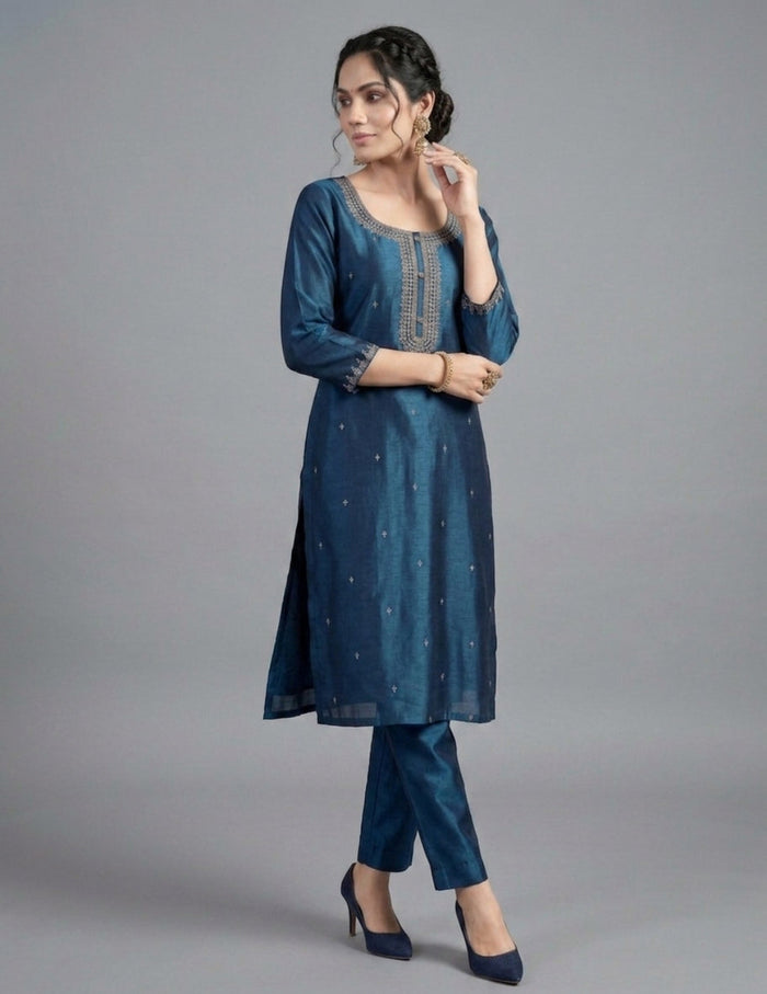 A woman modeling a dark blue three-piece Indian ethnic suit set, featuring a kurta with silver embroidery, matching trousers, and dark blue heels, set against a plain gray studio background.