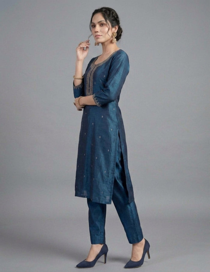 A woman modeling a dark blue three-piece salwar kameez suit with subtle gold embroidery, standing against a solid gray studio background.