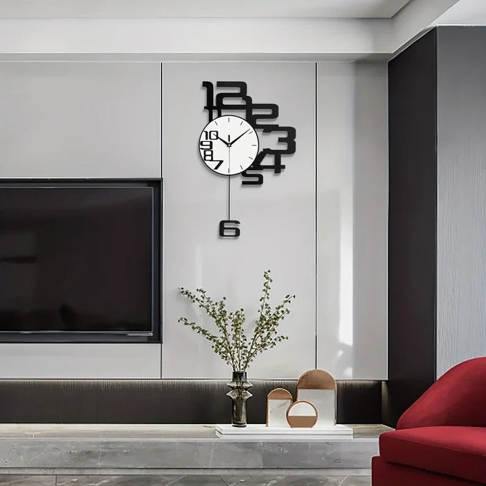 Modern wall clock with bold black numbers in a minimalist living room setting